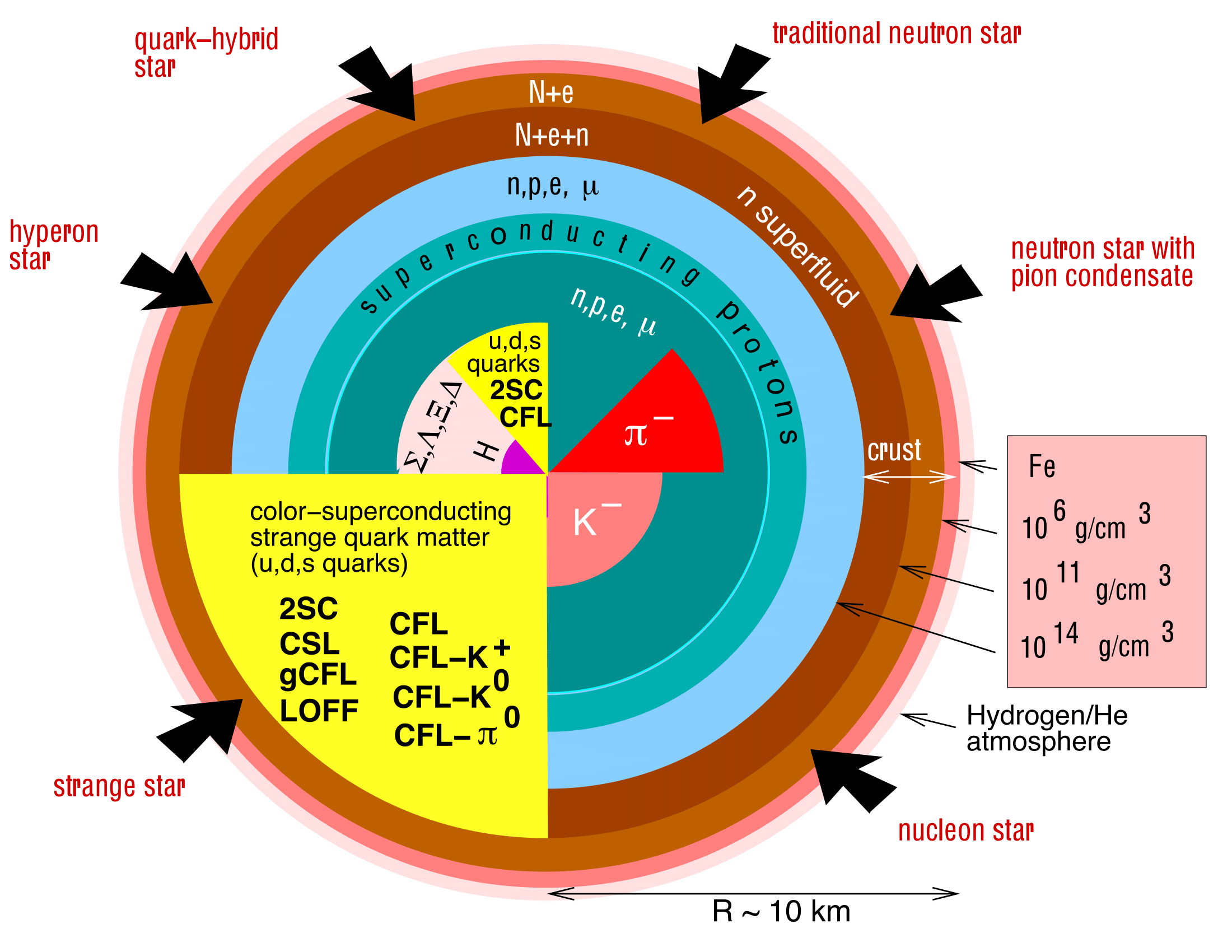 The picture illustrates some of the possible forms of matter existing inside of neutron stars. It has been created by the physicist Fridolin Weber (http://www.physics.sdsu.edu/fweber/) an expert on the equation of state of dense stellar matter. Image Credit: Progress in Nuclear and Particle Physics