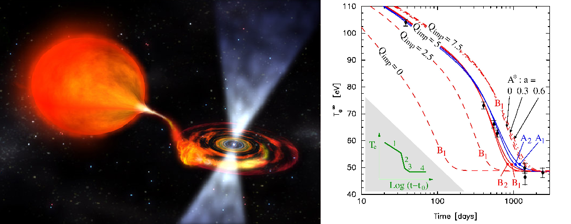 Left: artistic view of an accreting neutron star (NASA). Right: observed temperatures of the neutron star MXB 1659-29 at different times (dots with error bars) vs. theoretical cooling curves [13]. 