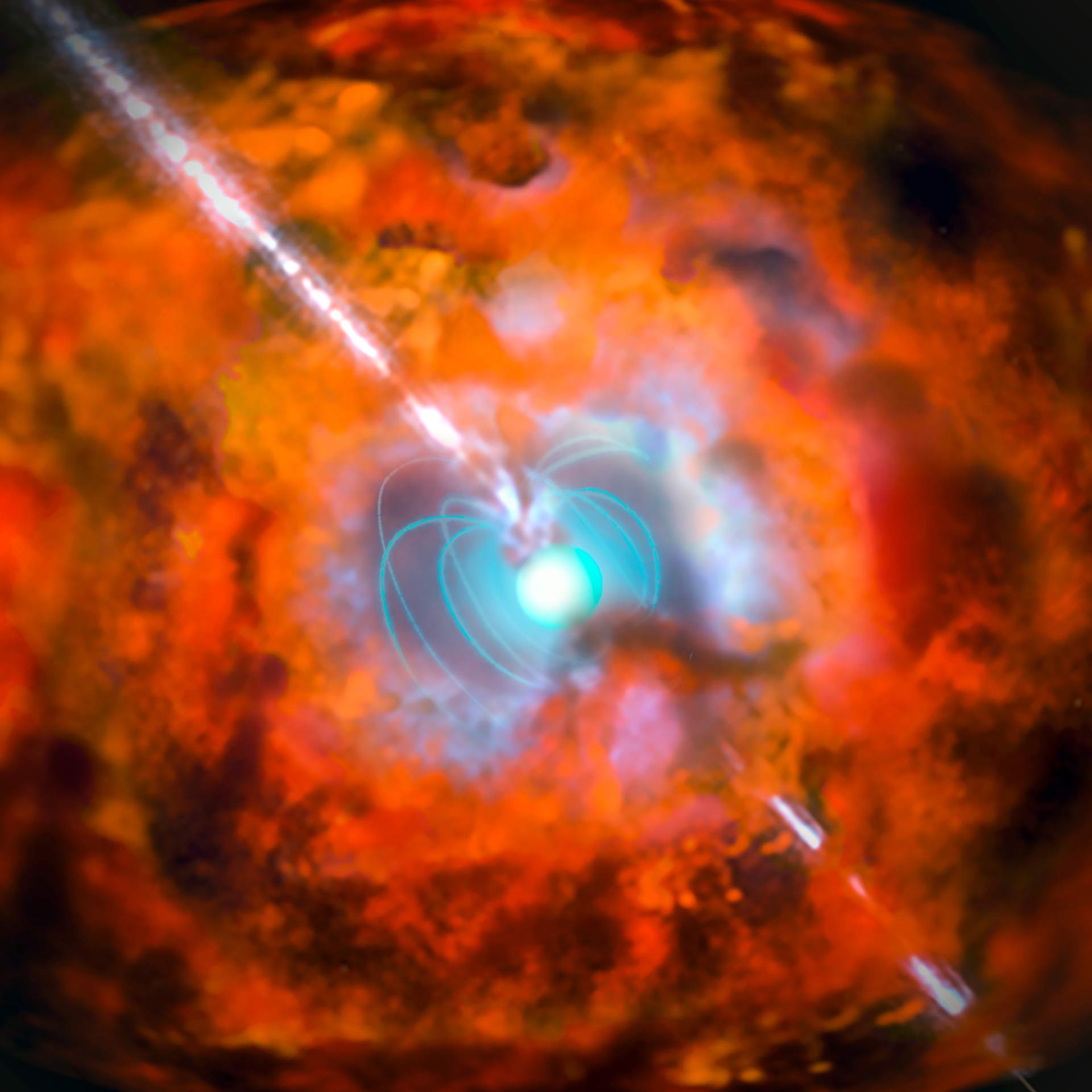 Artist’s impression of a supernova and associated gamma-ray burst driven by rapidly spinning magnetar, a neutron star with a very strong magnetic field. Credit: ESO - http://www.eso.org/public/images/eso1527a/