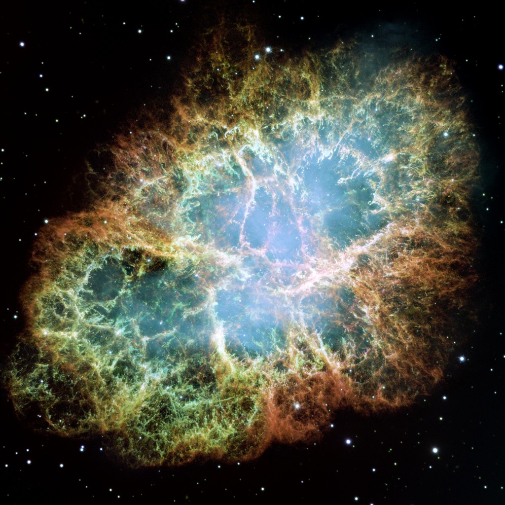Image of the Crab Nebula obtained with the Hubble Space Telescope (Image Credit: NASA, ESA, J. Hester, A. Loll (ASU)). The Crab Nebula is the leftover of a core-collapse supernova explosion which happened in the year 1054. It is known that a neutron star (the Crab Pulsar) as the compact remnant of the explosion is located in the center.